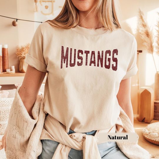 Discover Vintage Mustangs Mascot Shirt, Tailgate Game Day Tee, Mustangs School Spirit Apparel, Retro Football Fan Gift, Crimson & Green Top