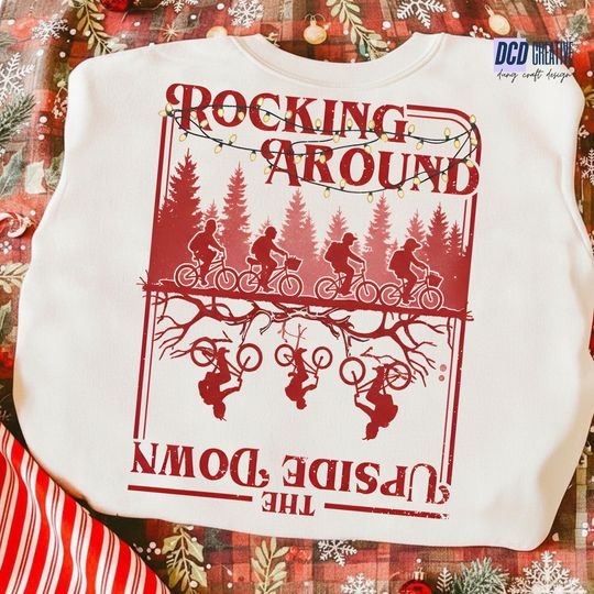 Discover Rocking Around Upside Down PNG, Funny Christmas Bike Silhouette Design, Retro Holiday Parody Shirt, Stranger Style Xmas PNG,Digital Download
