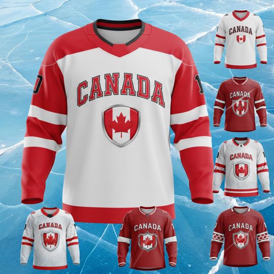 Discover Canada Inspired Hockey Jersey, Unisex All Over Print Long Sleeve Ice Hockey Shirt, Breathable Pique Birdseye Stretch Fanwear Gift