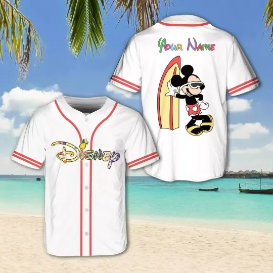 Discover Personalized Mickey Mouse Surfing Summer Beach Vacation Baseball Jersey Shirt