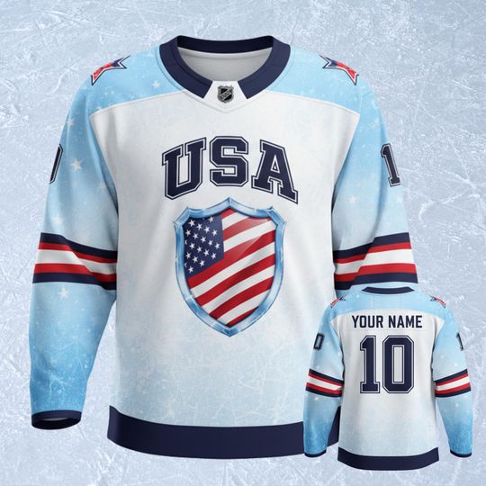 Discover USA Hockey Jersey All Over Print, Unisex Long Sleeve Ice Hockey Shirt, Breathable Pique Birdseye Stretch, Sublimation Game Day Fan Gift