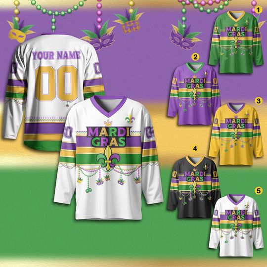 Discover Personalized Mardi Gras Hockey Jersey for Adult, Custom Name Mardi Gras Hockey Jersey, Mardi Gras Outfit, Hockey Team Jersey for Fans