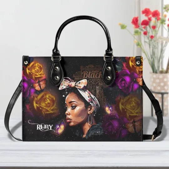 Discover Black Woman Leather Handbag, Afrocentric Purse with Flowers and Butterflies