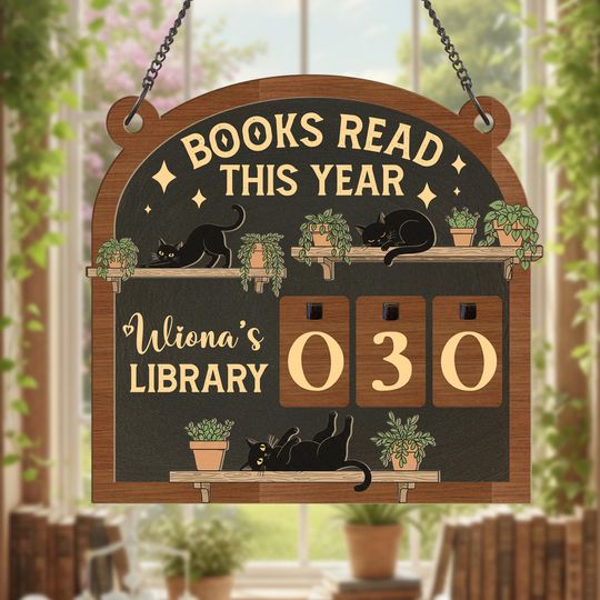 Discover Wooden Reading Counter Sign: Personalized Books Read Tracker Black Cat With Plants Library