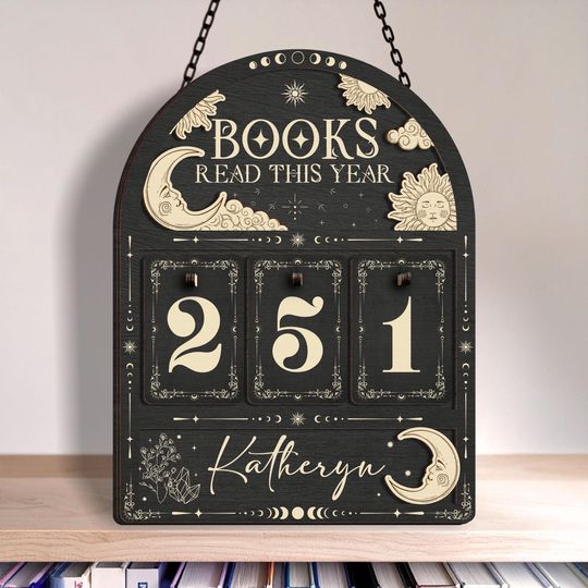 Mystical Wooden Book Tracker  Books Read This Year Counter, Personalized Bookish Decor with Moon & Sun Design