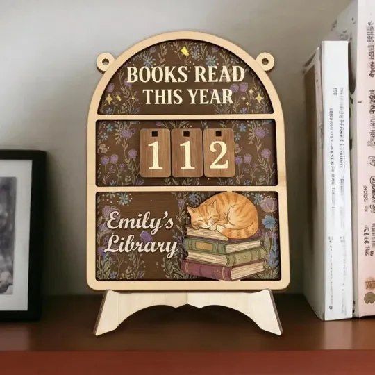 Discover Personalized Books Read This Year Sign, Wooden Reading Tracker Cat Decor