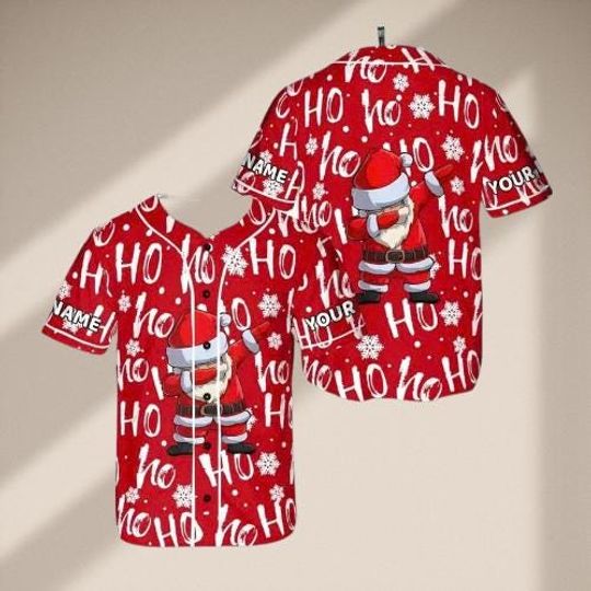 Discover Personalized Dabbing Baseball Jersey, Custom Name Ho Ho Ho Snowflake Shirt, Red Button-Up Christmas Party Top, Unisex Holiday Gift