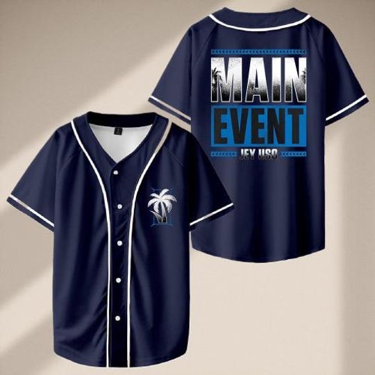 Jey Uso Main Event Baseball Jersey V-Neck Short Sleeve Streetwear for Men & Women Wrestling Fan Shirt