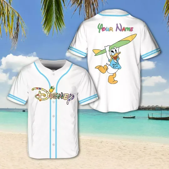 Discover Personalized Donald Duck Surfing Summer Beach Vacation Baseball Jersey Shirt