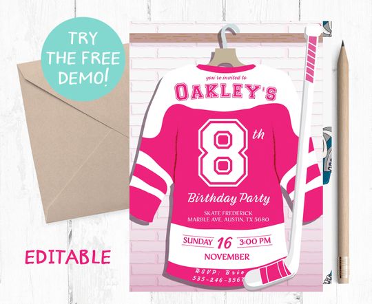 Discover Pink Hockey Jersey Birthday Invitation, Girl Party (Editable Template)