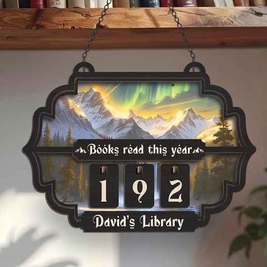Discover Personalized Book Tracker - Wooden Books Read This Year Counter with Flip Style Dials, Mountain & Northern Lights Design, Customizable Name