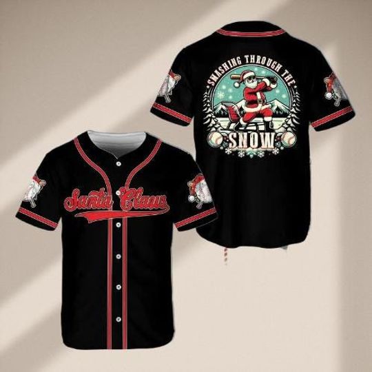 Discover Smashing Through the Snow Baseball Jersey, Funny Christmas Baseball Shirt for Players