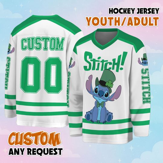 Discover Custom Stitch St Patricks Day Hockey Jersey, Personalize Disney Lilo and Stitch Hockey Shirt, Lucky Hockey Gift