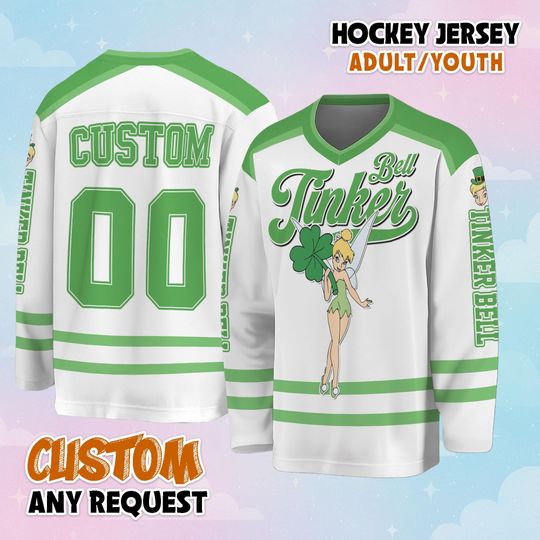 Discover Custom Tinker Bell St Patricks Day Hockey Jersey, Personalize Disney Peter Pan Hockey Shirt, Lucky Hockey Gift