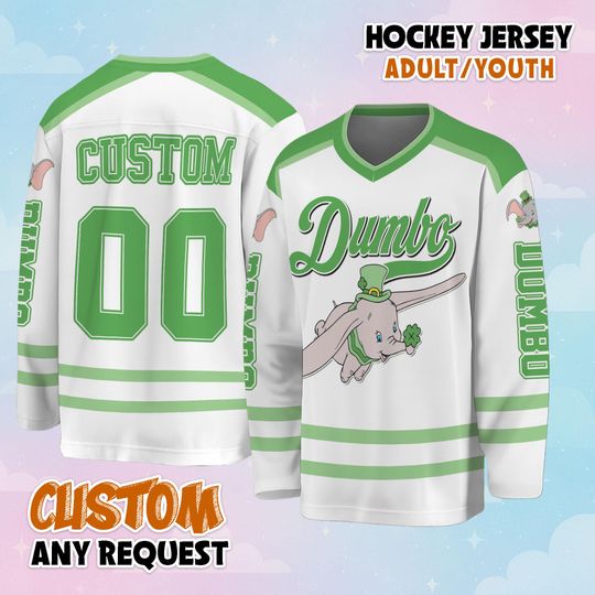 Discover Custom Dumbo St Patricks Day Hockey Jersey, Personalize Disney Dumbo Hockey Shirt, Lucky Hockey Gift