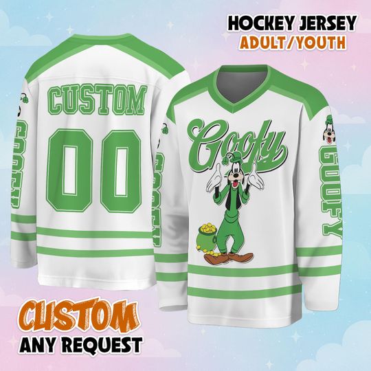 Discover Custom Goofy Dog St Patricks Day Hockey Jersey, Personalize Disney Mickey and Friends Hockey Shirt, Lucky Hockey Gift