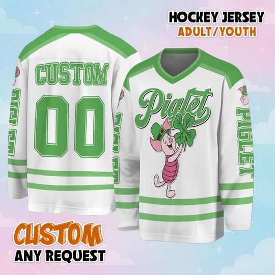 Discover Custom Piglet St Patricks Day Hockey Jersey, Personalize Disney Winnie the Pooh Hockey Shirt, Lucky Hockey Gift