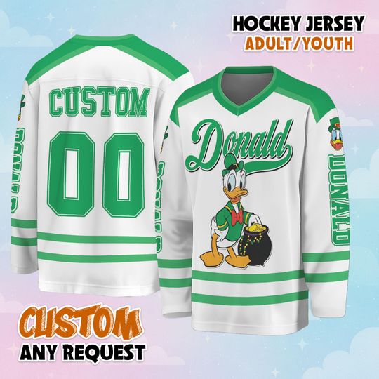 Discover Custom Donald Duck St Patricks Day Hockey Jersey, Personalize Disney Mickey and Friends Hockey Shirt, Lucky Hockey Gift