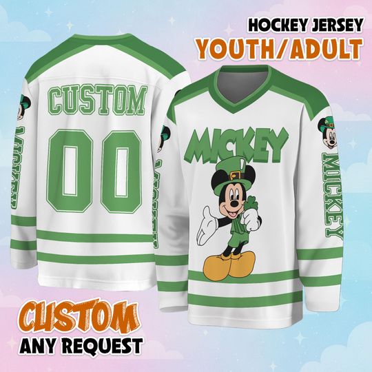 Discover Custom Mickey Mouse St Patricks Day Hockey Jersey, Personalize Disney Mickey and Friends Hockey Shirt, Lucky Hockey Gift