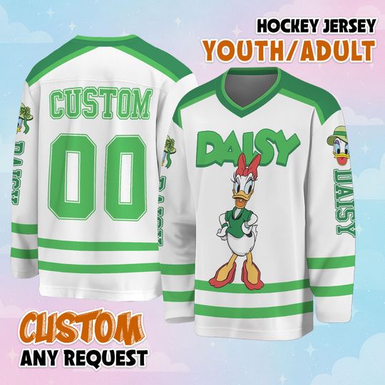Discover Custom Daisy Duck St Patricks Day Hockey Jersey, Personalize Disney Mickey and Friends Hockey Shirt, Lucky Hockey Gift