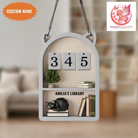 Discover Custom Name Cat Book Tracker Sign, Books Read This Year, Vintage Book Lovers Gift, Personalized Wooden Library Sign