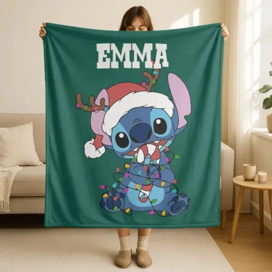 Discover Personalized Disney Stitch Christmas Reindeer Headband Cozy Fleece Blanket