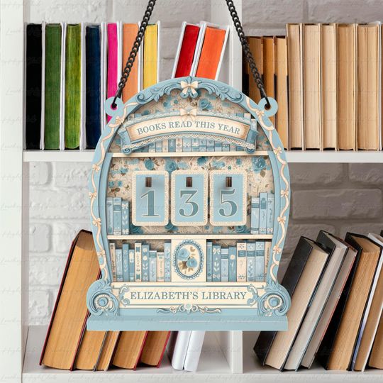 Discover Pastel Blue Floral Book Tracker Sign, Vintage Cottagecore Bookshelf Decor, Personalized Library Gift