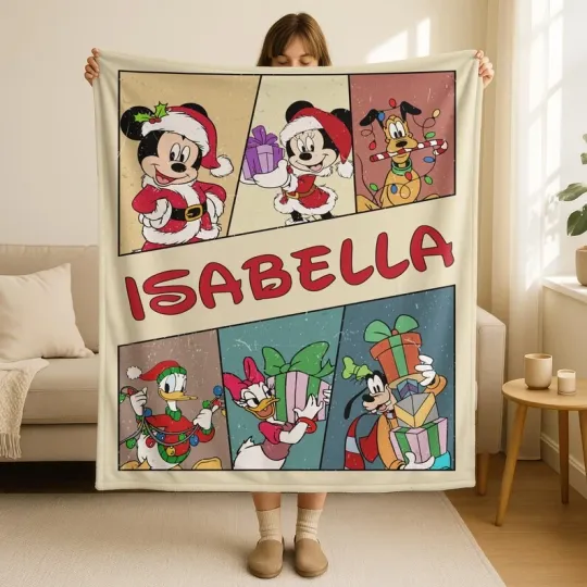 Discover Personalized Disney Mickey & Friends Christmas Graphics Beige Fleece Blanket