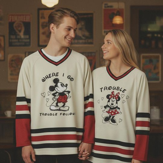 Discover Matching Couple Graphic Hockey Jersey, Funny Couple Minnie Jersey Set, Unisex Vintage Disney Hockey, Cute Mickey Couple Gift