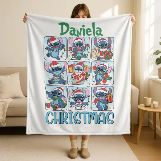 Discover Personalized Disney Stitch Christmas Graphics White Fleece Blanket
