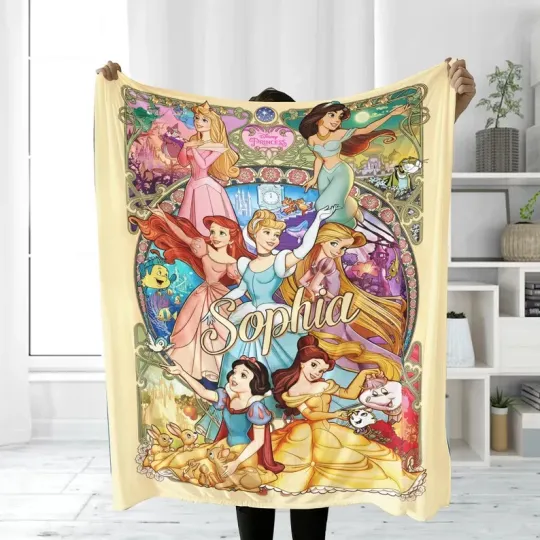 Discover Personalized Disney Princess Watercolor Coquette Collage Cozy Fleece Blanket