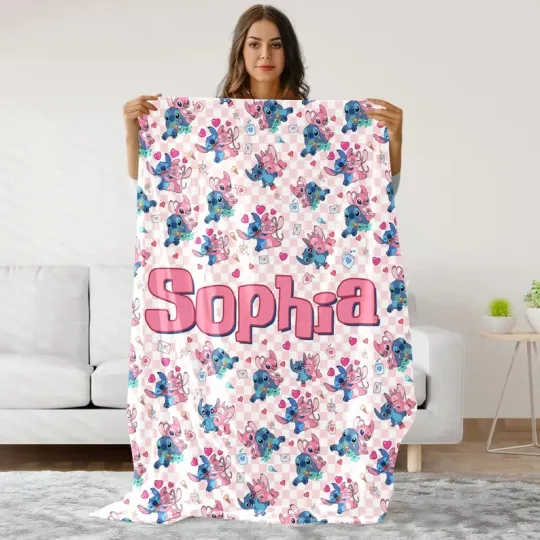 Discover Personalized Disney Stitch And Angel Cute Coupe Plaid Cozy Fleece Blanket