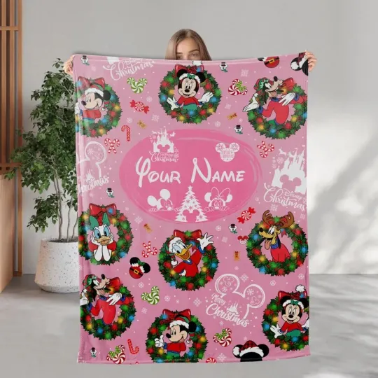 Discover Personalized Disney Mickey & Friends Wreath Christmas Pink Cozy Fleece Blanket