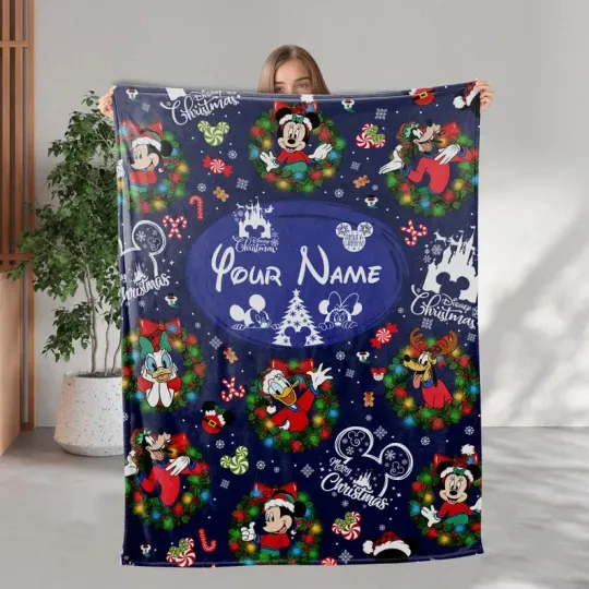 Discover Personalized Disney Mickey & Friends Wreath Christmas Purple Cozy Fleece Blanket