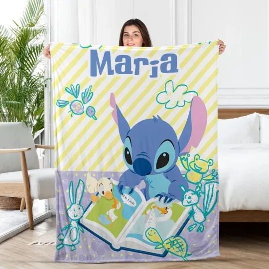 Discover Personalized Disney Stitch Reading Book With Sketch Friends Cozy Fleece Blanket
