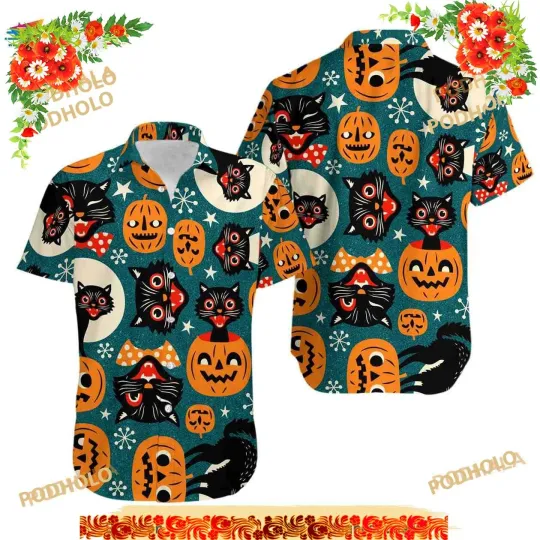 Discover Halloween Black Cat and Pumpkin 3D Hawaiian Shirt for Men and Women