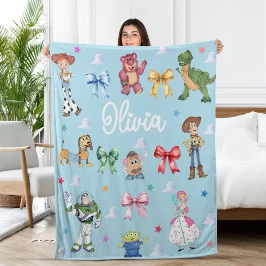 Discover Personalized Disney Toy Story Coquette Bows Light Blue Cozy Fleece Blanket