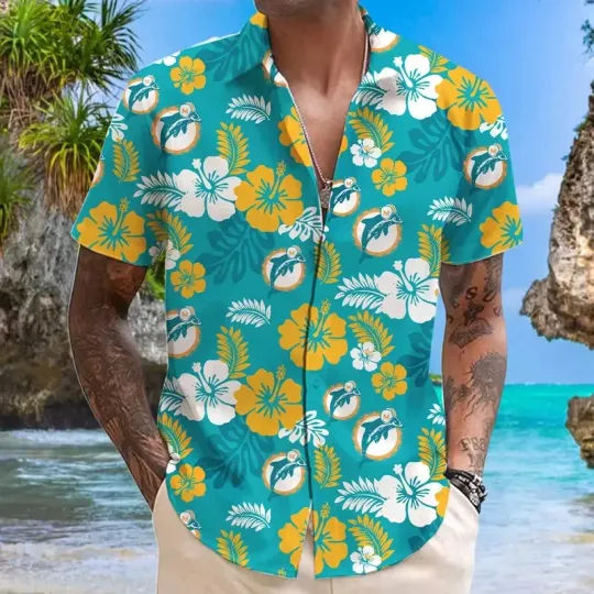 Discover Miami Football Team Dolphinss Hawaiian Button Down Shirt Unisex Adults S-5XL