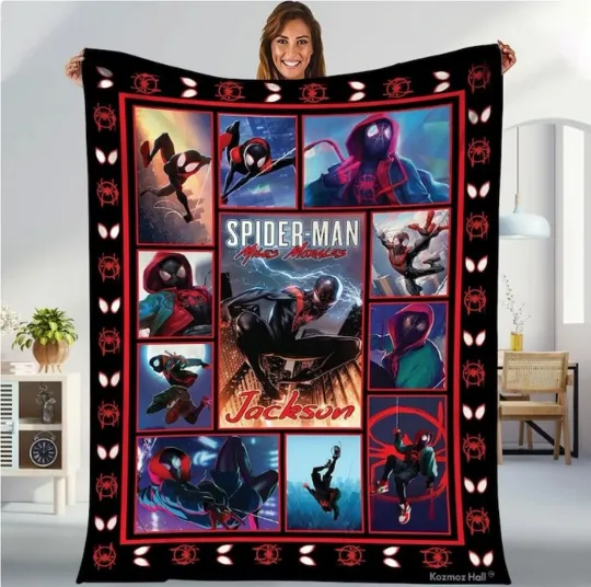 Personalized Miles Morales Spiderman Blanket, Across Spider Verse Fleece Blanket