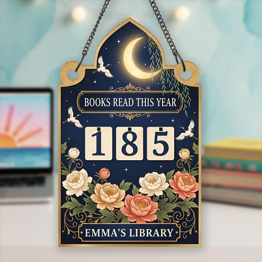 Personalized Reading Tracker Sign, Floral Moon Book Tracker, Custom Name Library Decor Gift