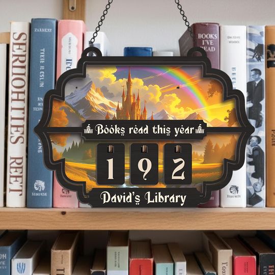 Personalized Book Tracker - Wooden Books Read This Year Counter with Flip Style Dials, Fantasy Castle & Rainbow Design, Customizable Name