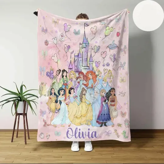 Discover Personalized Disney Princess Watercolor Castle Coquette Bows Fleece Blanket