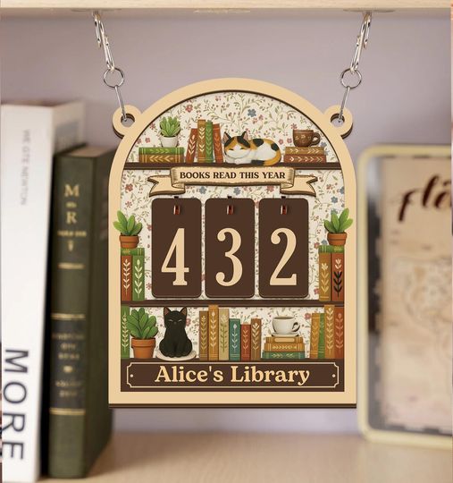 Discover Cottagecore Cat Books Read Tracker, Personalized Reading Counter Sign, Floral Bookshelf Decor, Custom Name Gift, Book Lover Library Sign