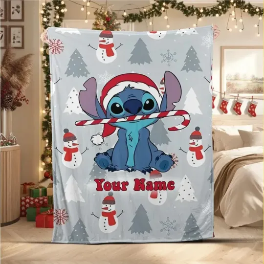 Discover Personalized Disney Stitch Christmas Cute Happy Fleece Blanket