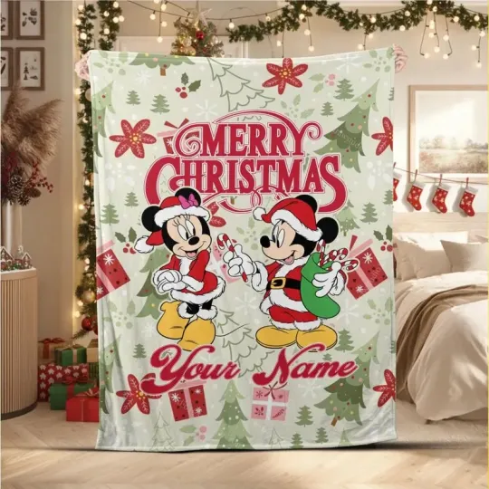Discover Personalized Disney Mickey & Minnie Mouse Merry Christmas Fleece Blanket