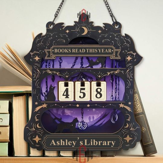 Books Read This Year Tracker  Gothic Cat Library Sign, Celestial Reading Counter, Personalized Wood Decor, Witchy Book Lover Gift