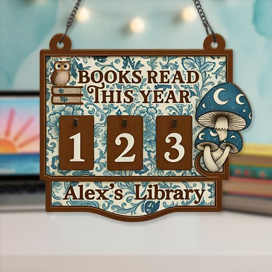 Discover Mushroom Owl Reading Tracker Sign, Personalized Chinoiserie Floral Wooden Library Sign, Books Read This Year Board, Gift for Book Lovers