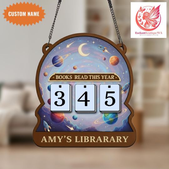 Discover Personalized Space Galaxy Book Tracker Sign, Books Read This Year, Vintage Book Lovers Gift, Rocket and Planets Wooden Library Decor