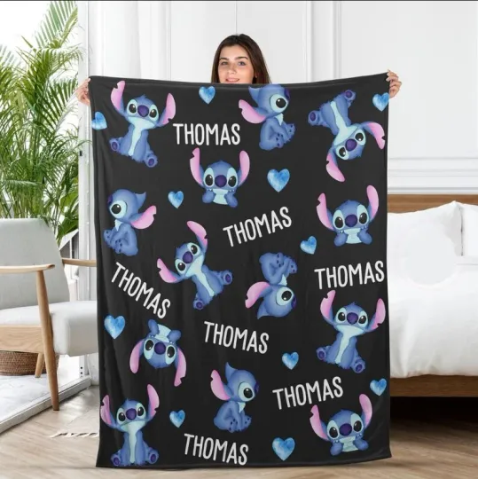Discover Personalized Disney Stitch Cute Poses Black Cozy Fleece Blanket