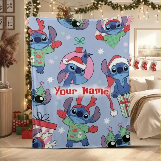 Discover Personalized Disney Christmas Stitch Funny Happy Fleece Blanket